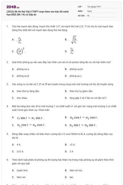 (2023) Đề thi thử Vật lí THPT soạn theo ma trận đề minh họa BGD (Đề 14) có đáp án