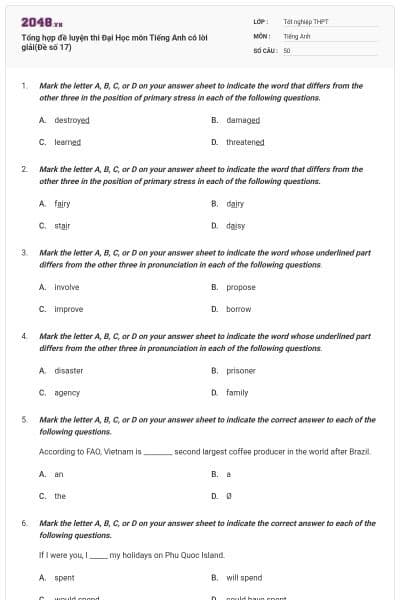 Tổng hợp đề luyện thi Đại Học môn Tiếng Anh có lời giải(Đề số 17)