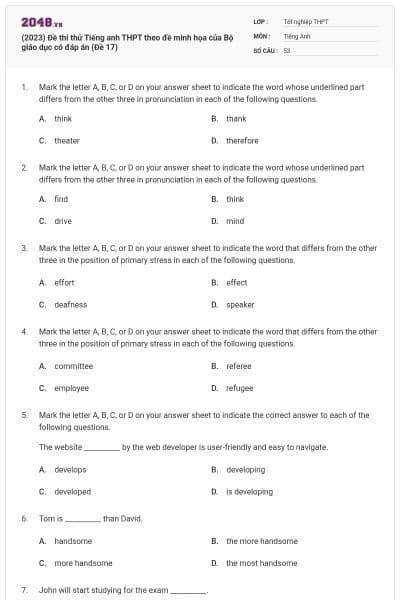 (2023) Đề thi thử Tiếng anh THPT theo đề minh họa của Bộ giáo dục có đáp án (Đề 17)