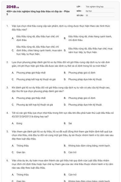 400+ câu trắc nghiệm tổng hợp Đấu thầu có đáp án - Phần 5