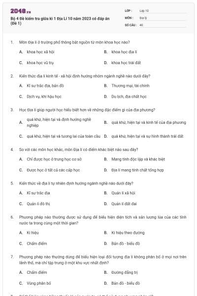 Bộ 4 Đề kiểm tra giữa kì 1 Địa Lí 10 năm 2023 có đáp án (Đề 1)