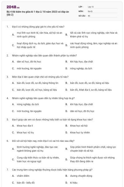 Bộ 4 Đề kiểm tra giữa kì 1 Địa Lí 10 năm 2023 có đáp án (Đề 2)