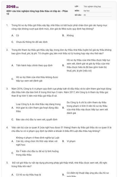 400+ câu trắc nghiệm tổng hợp Đấu thầu có đáp án - Phần 10