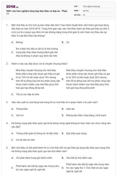 400+ câu trắc nghiệm tổng hợp Đấu thầu có đáp án - Phần 11