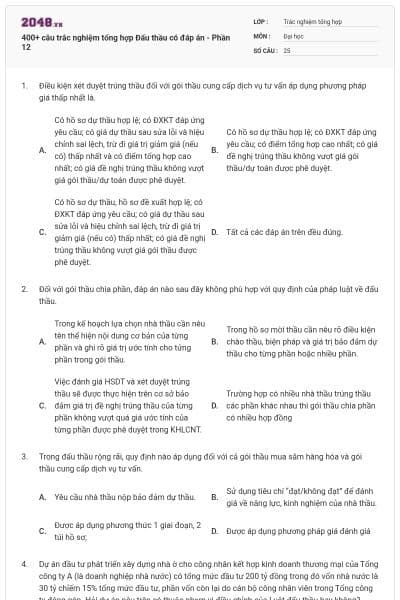 400+ câu trắc nghiệm tổng hợp Đấu thầu có đáp án - Phần 12