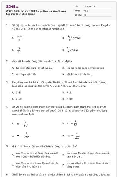 (2023) Đề thi thử Vật lí THPT soạn theo ma trận đề minh họa BGD (Đề 15) có đáp án