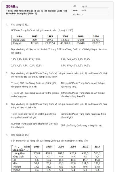 14 câu   Trắc nghiệm Địa Lí 11 Bài 10 (có đáp án): Cộng Hòa Nhân Dân Trung Hoa (Phần 3)