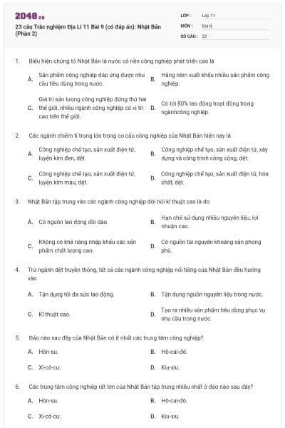 23 câu Trắc nghiệm Địa Lí 11 Bài 9 (có đáp án): Nhật Bản (Phần 2)