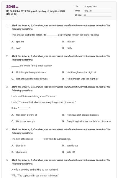 Bộ đề thi thử 2019 Tiếng Anh cực hay có lời giải chi tiết (Đề số 13)