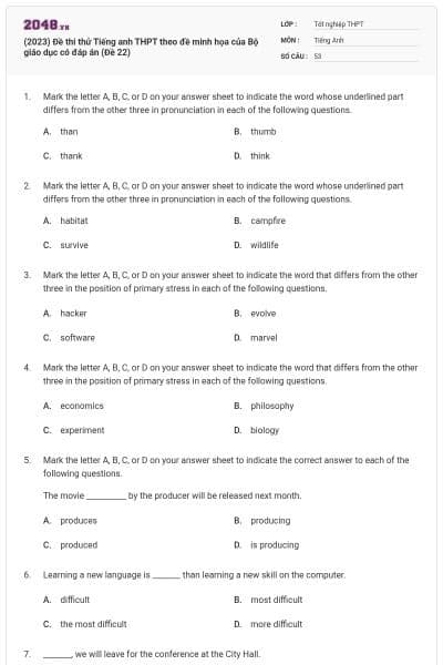 (2023) Đề thi thử Tiếng anh THPT theo đề minh họa của Bộ giáo dục có đáp án (Đề 22)
