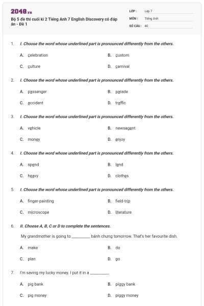 Bộ 5 đề thi cuối kì 2 Tiếng Anh 7 English Discovery có đáp án - Đề 1