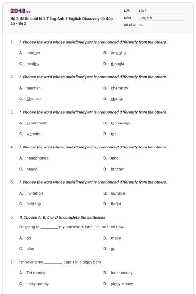 Bộ 5 đề thi cuối kì 2 Tiếng Anh 7 English Discovery có đáp án - Đề 2