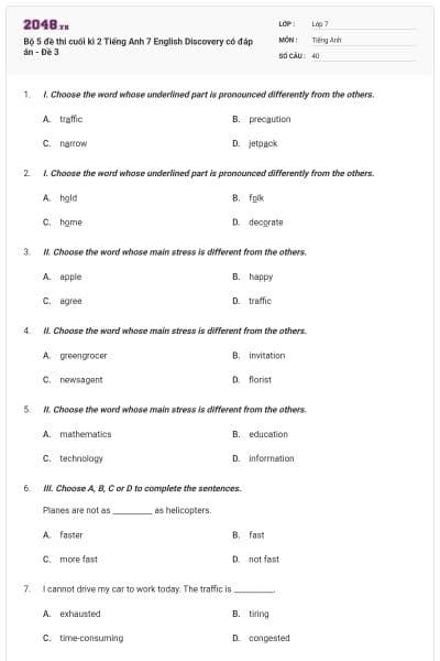Bộ 5 đề thi cuối kì 2 Tiếng Anh 7 English Discovery có đáp án - Đề 3