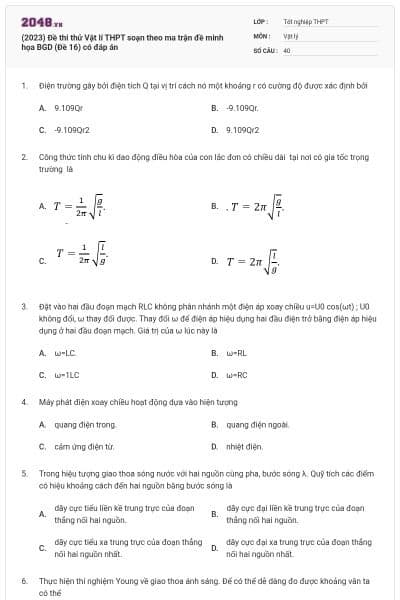(2023) Đề thi thử Vật lí THPT soạn theo ma trận đề minh họa BGD (Đề 16) có đáp án
