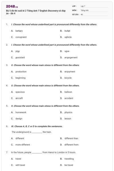 Bộ 5 đề thi cuối kì 2 Tiếng Anh 7 English Discovery có đáp án - Đề 4