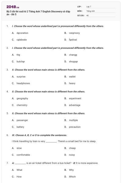 Bộ 5 đề thi cuối kì 2 Tiếng Anh 7 English Discovery có đáp án - Đề 5