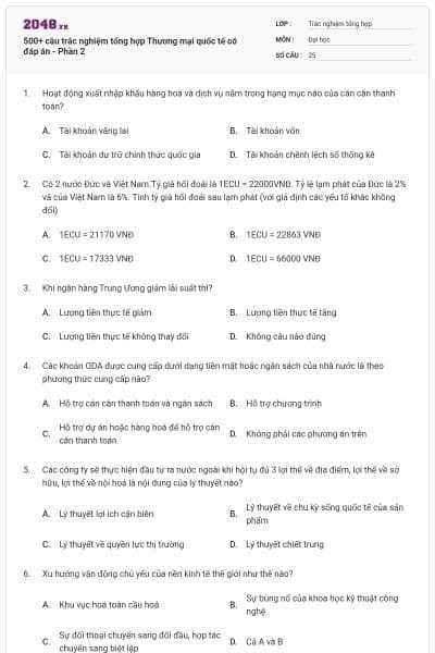 500+ câu trắc nghiệm tổng hợp Thương mại quốc tế có đáp án - Phần 2