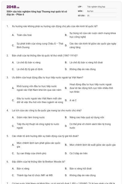 500+ câu trắc nghiệm tổng hợp Thương mại quốc tế có đáp án - Phần 6