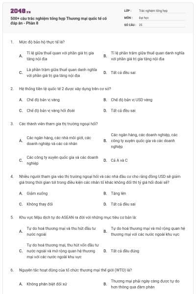 500+ câu trắc nghiệm tổng hợp Thương mại quốc tế có đáp án - Phần 8