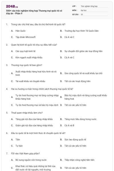 500+ câu trắc nghiệm tổng hợp Thương mại quốc tế có đáp án - Phần 9