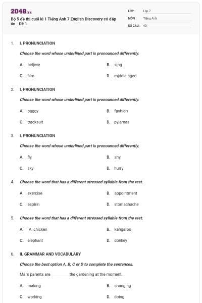 Bộ 5 đề thi cuối kì 1 Tiếng Anh 7 English Discovery có đáp án - Đề 1