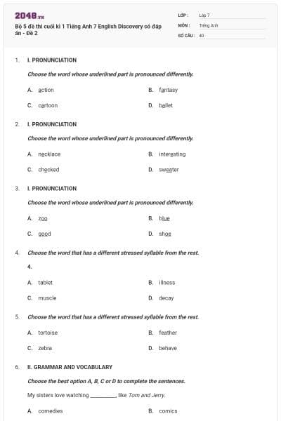 Bộ 5 đề thi cuối kì 1 Tiếng Anh 7 English Discovery có đáp án - Đề 2