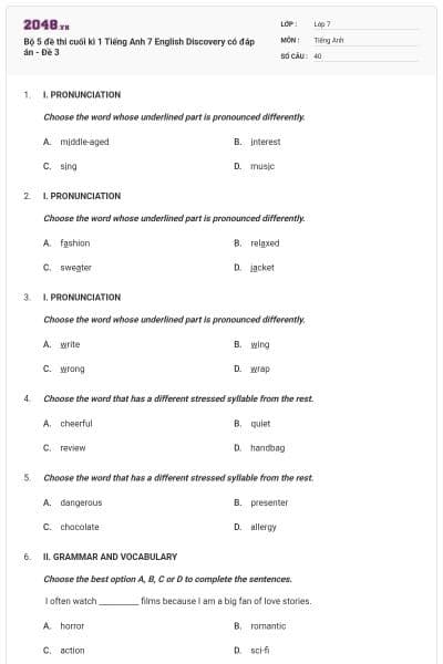 Bộ 5 đề thi cuối kì 1 Tiếng Anh 7 English Discovery có đáp án - Đề 3