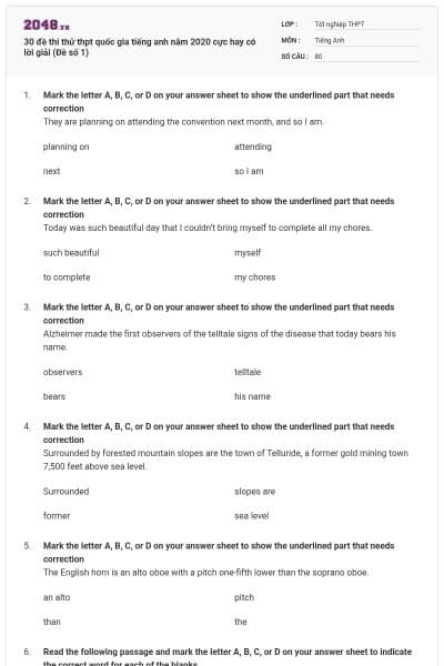 30 đề thi thử thpt quốc gia tiếng anh năm 2020 cực hay có lời giải (Đề số 1)