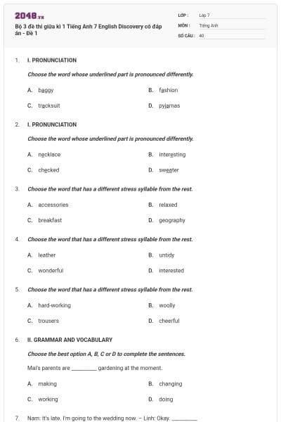 Bộ 3 đề thi giữa kì 1 Tiếng Anh 7 English Discovery có đáp án - Đề 1