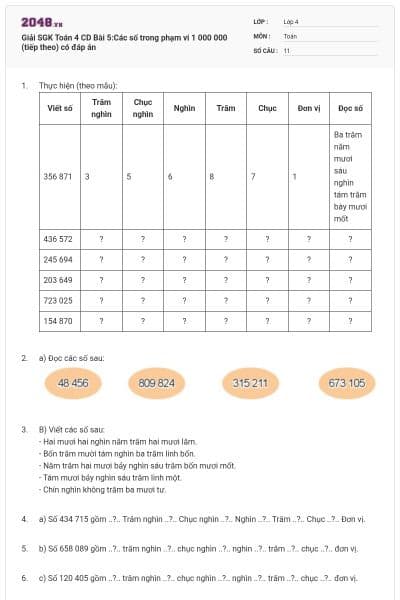 Giải SGK Toán 4 CD Bài 5:Các số trong phạm vi 1 000 000 (tiếp theo) có đáp án