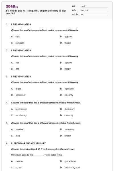 Bộ 3 đề thi giữa kì 1 Tiếng Anh 7 English Discovery có đáp án - Đề 2