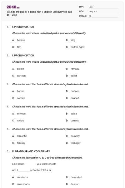 Bộ 3 đề thi giữa kì 1 Tiếng Anh 7 English Discovery có đáp án - Đề 3