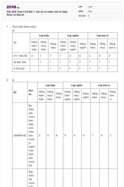 Giải SGK Toán 4 CD Bài 7. Các số có nhiều chữ số (tiếp theo) có đáp án