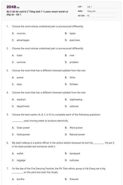 Bộ 5 đề thi cuối kì 2 Tiếng Anh 7 i-Learn smart world có đáp án - Đề 1