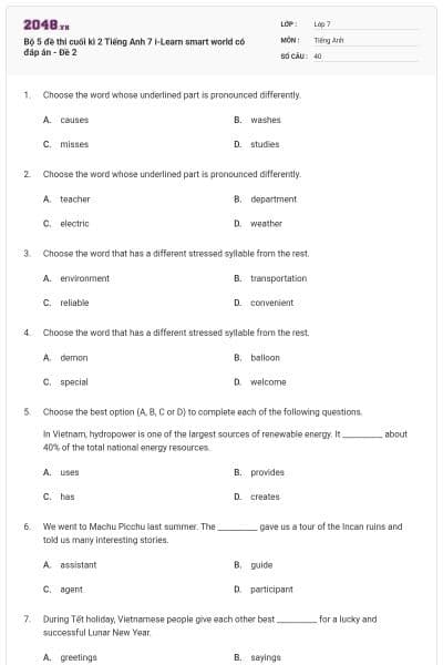 Bộ 5 đề thi cuối kì 2 Tiếng Anh 7 i-Learn smart world có đáp án - Đề 2