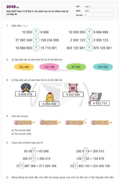 Giải SGK Toán 4 CD Bài 9. So sánh các số có nhiều chữ số có đáp án