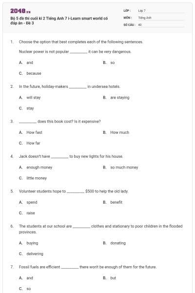 Bộ 5 đề thi cuối kì 2 Tiếng Anh 7 i-Learn smart world có đáp án - Đề 3