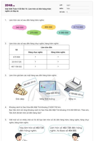Giải SGK Toán 4 CD Bài 10. Làm tròn số đến hàng trăm nghìn có đáp án