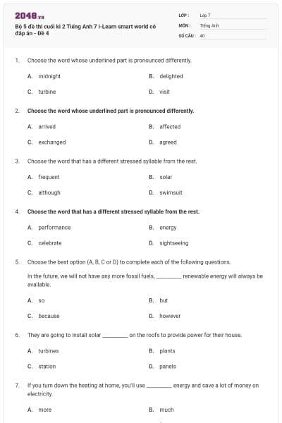 Bộ 5 đề thi cuối kì 2 Tiếng Anh 7 i-Learn smart world có đáp án - Đề 4