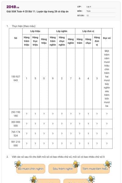 Giải SGK Toán 4 CD Bài 11. Luyện tập trang 28 có đáp án