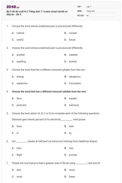 Bộ 5 đề thi cuối kì 2 Tiếng Anh 7 i-Learn smart world có đáp án - Đề 5