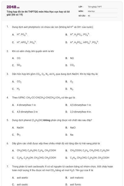 Tổng hợp đề ôn thi THPTQG môn Hóa Học cực hay có lời giải (Đề số 19)