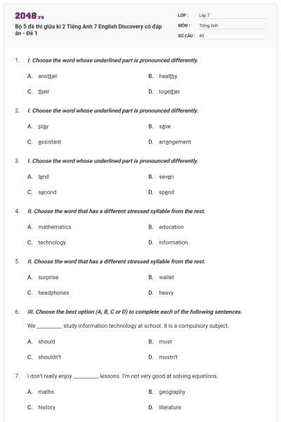 Bộ 5 đề thi giữa kì 2 Tiếng Anh 7 English Discovery có đáp án - Đề 1