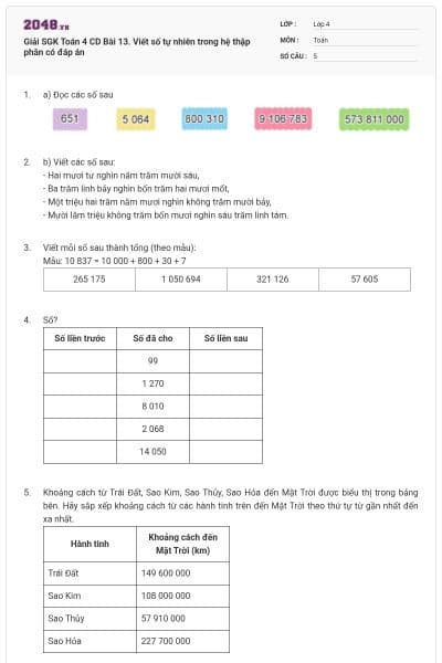 Giải SGK Toán 4 CD Bài 13. Viết số tự nhiên trong hệ thập phân có đáp án