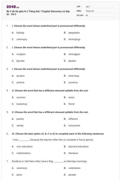 Bộ 5 đề thi giữa kì 2 Tiếng Anh 7 English Discovery có đáp án - Đề 2