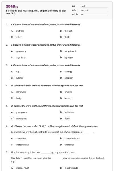 Bộ 5 đề thi giữa kì 2 Tiếng Anh 7 English Discovery có đáp án - Đề 3