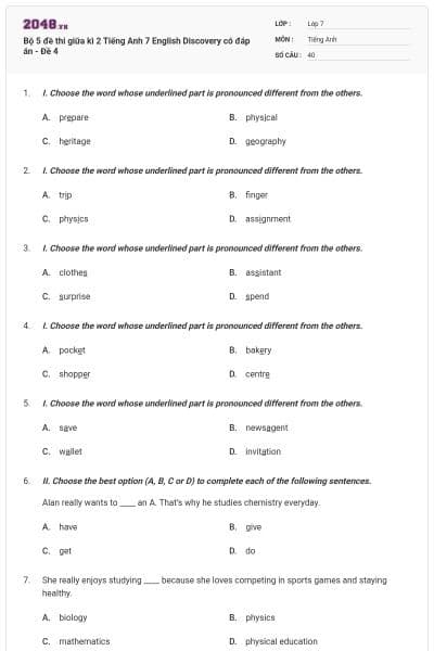 Bộ 5 đề thi giữa kì 2 Tiếng Anh 7 English Discovery có đáp án - Đề 4