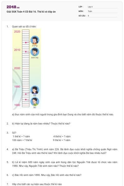 Giải SGK Toán 4 CD Bài 16. Thế kỉ có đáp án