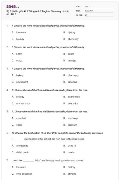 Bộ 5 đề thi giữa kì 2 Tiếng Anh 7 English Discovery có đáp án - Đề 5