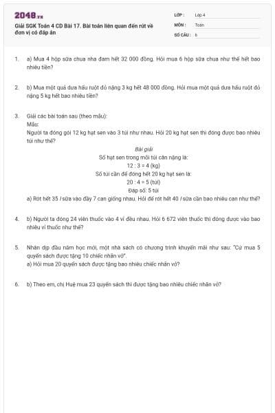 Giải SGK Toán 4 CD Bài 17. Bài toán liên quan đến rút về đơn vị có đáp án